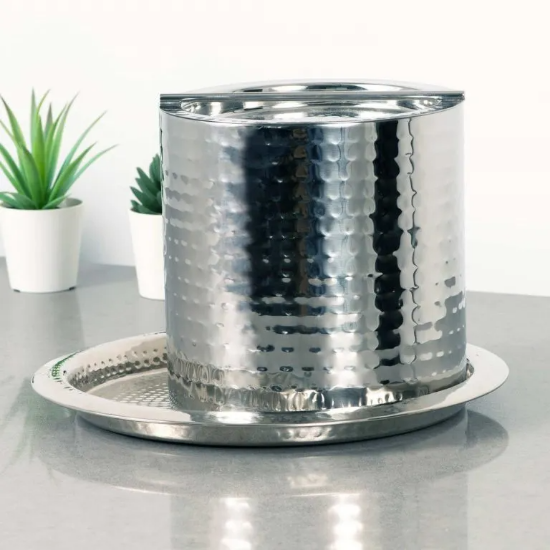 Picture of Hammered Stainless Steel 3 Qt Double Metal Wall Ice Bucket w/ Metal Bar Lid 