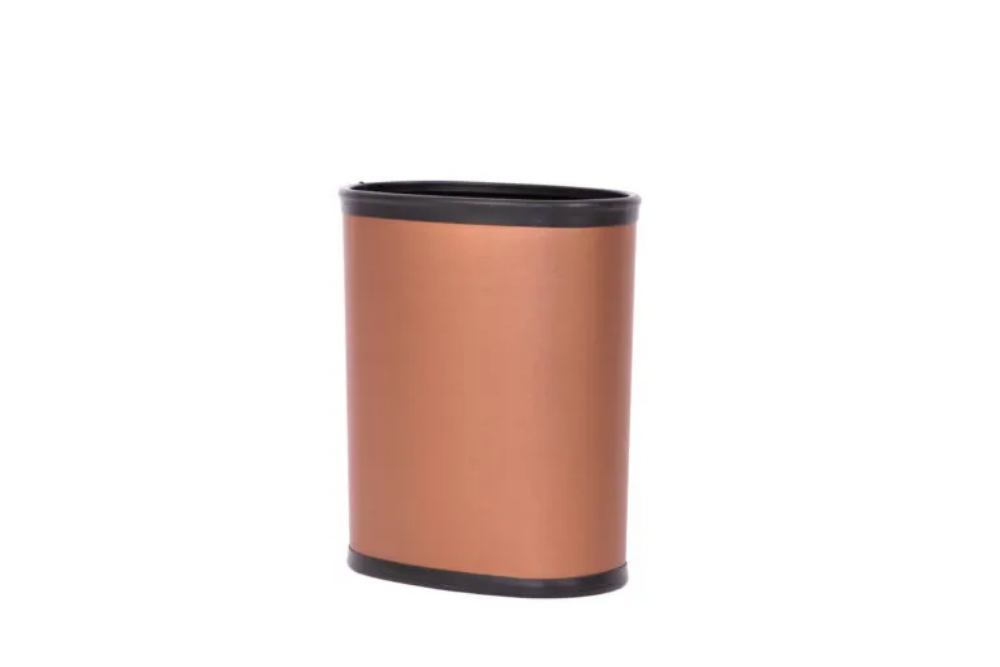 Picture of Leather 13 Qt Oval Metal Wrapped Wastebasket w/ Top And Bottom Bumpers Copper