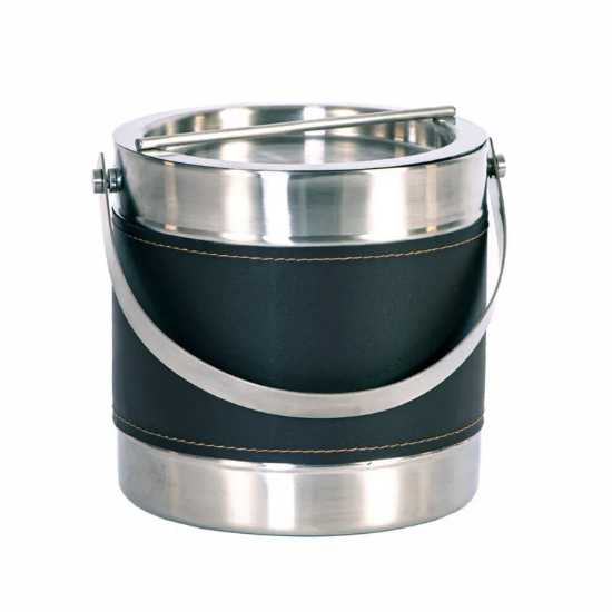 Picture of Stainless Steel  3 Qt Double Metal Wall Ice Bucket w/ Bar Lid, Handle and Hand Stitched Leather Banding