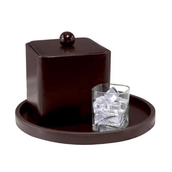 Picture of Leather 3 Qt Square Ice Bucket w/ Vinyl Lid, Wood Knob and Built In Insulating Liner