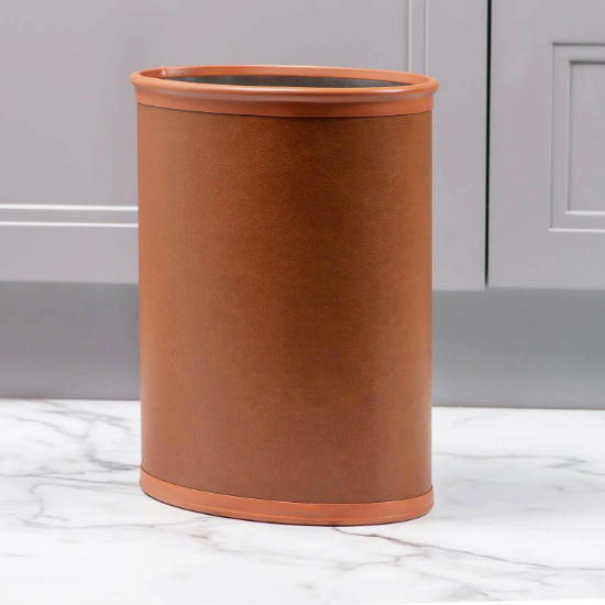 Picture of Leather 13 Qt Oval Metal Wastebasket Wrapped w/ top and Bottom Bumpers