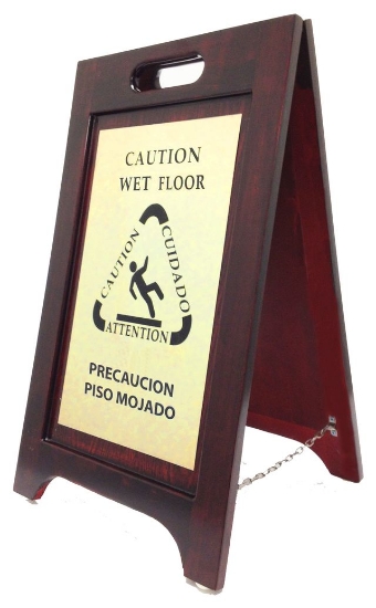 Picture of Wooden Wet Floor Sign Bilingual; Walnut With Brass Plating 2/cs