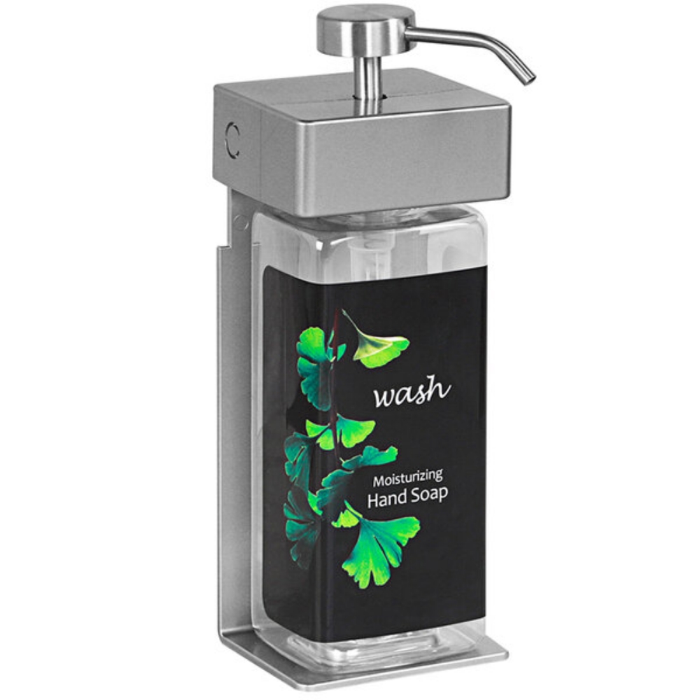 Picture of SOLera Dispenser Rectangular bottle is 440ml  Satin Silver – Standard Ginkgo Labels