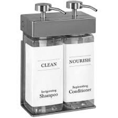 Picture of SOLera Dispenser Two Chamber  Rectangular bottle is 440ml Satin Silver – Standard White Labels