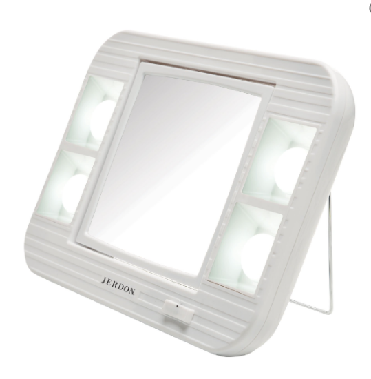 Picture of Jerdon Style Lightied table Top Mirrors 5X-1X LED Lighted Makeup Mirrror, White, AC and Battery Powered J1015