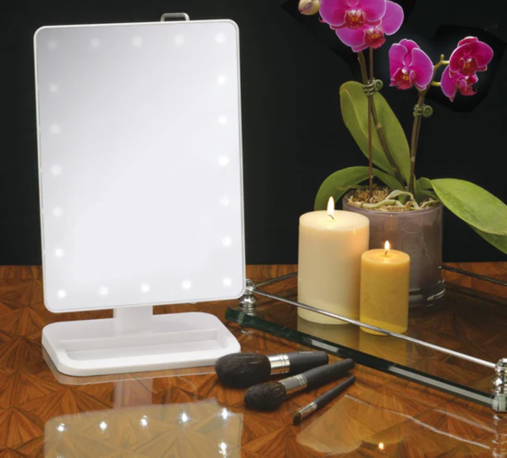 Picture of Jerdon Style Lightied table Top Mirrors LED Lighted Makeup Mirror, White, Includes 10X Adjustable Spot Mirror, White JS811W