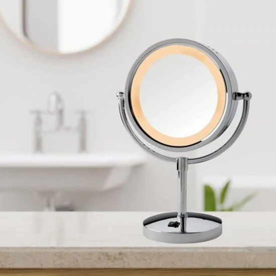 Picture of Jerdon Style Lightied table Top Mirrors 8.5", 5X-1X  Lighted Table Top Mirror, Chrome, Height 15", AC Outlet on Base HL745CO