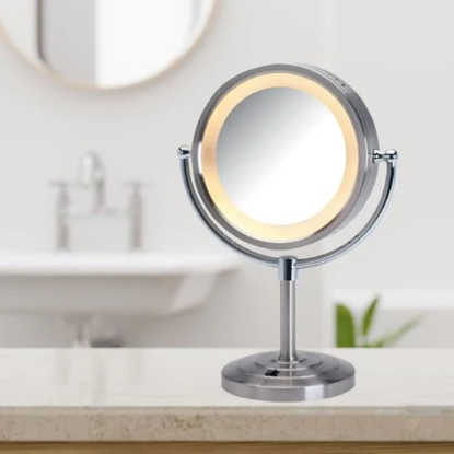 Picture of Jerdon Style Lightied table Top Mirrors 8.5", 5X-1X  Lighted Table Top Mirror, Nickel, Height 15" HL745NC