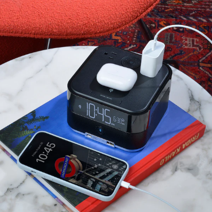 Picture of CubieTrio+ Qi Wireless Charging and Bluetooth Speaker Day Alarm Clock Black with Surge Protection