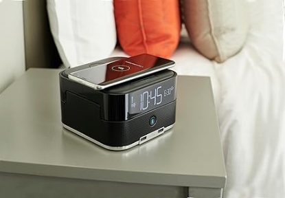 Picture of CubieDuo+ Qi Wireless Charging and Bluetooth Speaker Day Alarm Clock Black with Surge Protection