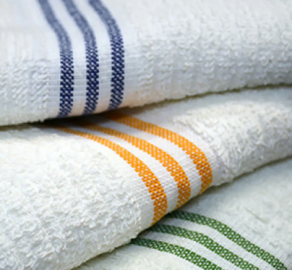 Picture of THREE STRIPES WHITE RIBBED POOL TOWELS Green Stripe 30 x 60,9.00 lb 100% Cotton White Ribbed with Three Color Stripes BALE Pack of 10 DZ