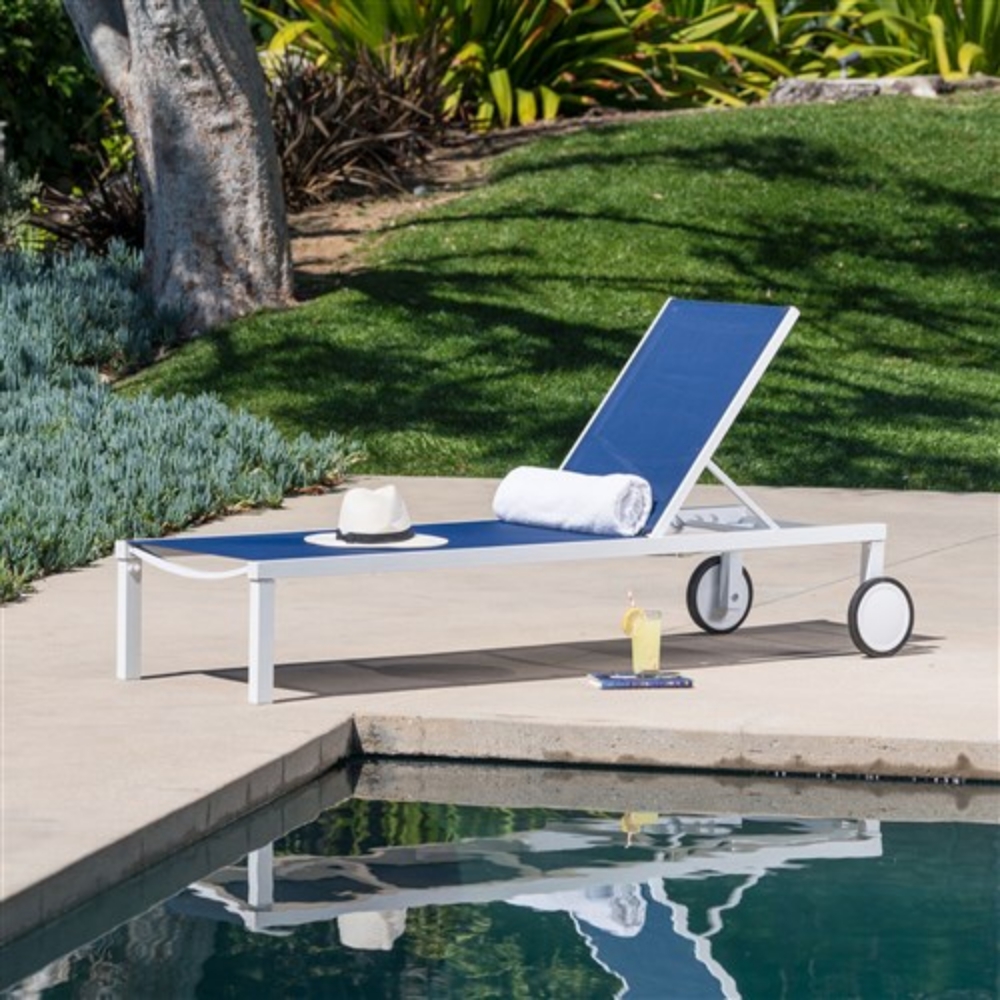 Picture of Cape Soleil - Santorini Aluminum Sling Chaise Lounge Chair with Wheels Navy