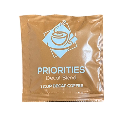 Picture of Priorities One Cup Decaf Coffee Round Filter Pouch, 7 gram, 100% Arabica - Dark Roast 200/Cs