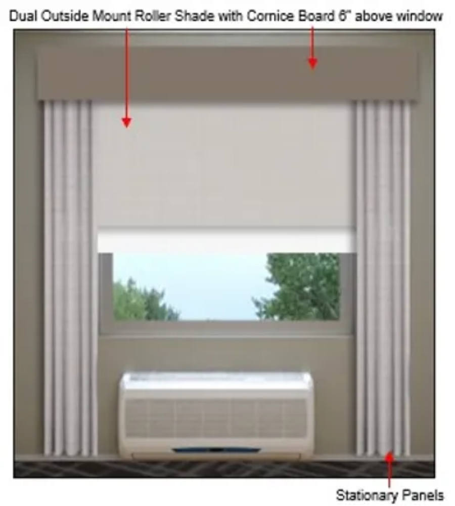 Picture of Comfort  City Scheme Roller Shades with Sheer & Blackout Options, Stationary Panels, and Cornice