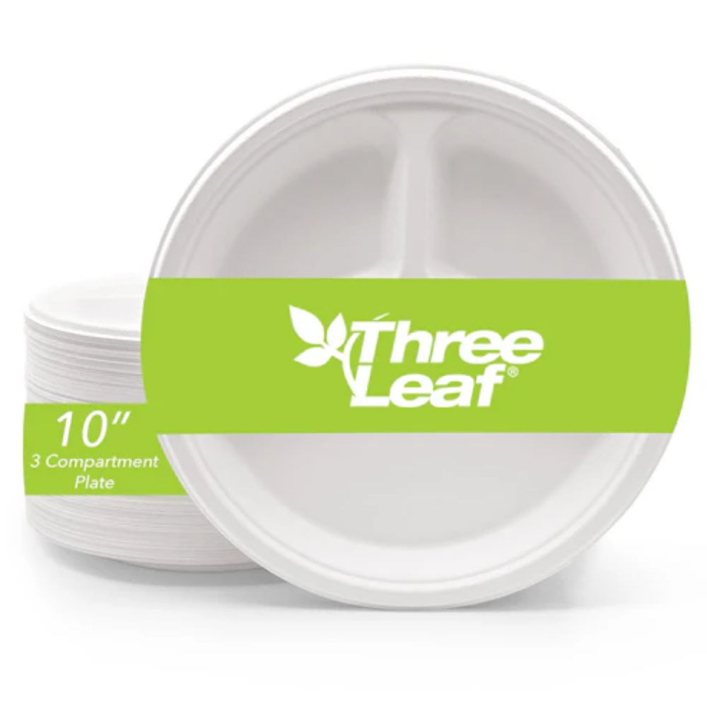 Picture of Three Leaf 10" 3 Compartment Bagasse Round Plate, 500 Ct. (4 Packs Of 125)