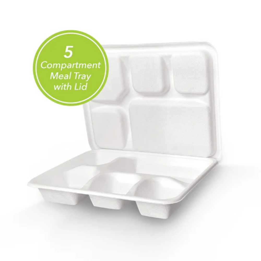 Picture of Three Leaf 5 Compartment Meal Tray With Lid Set, 200 Sets (8 Packs Of 25 Sets)