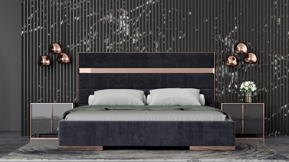 Picture of Eastern King Nova Domus Cartier Modern Black Velvet & Brushed Bronze Bed