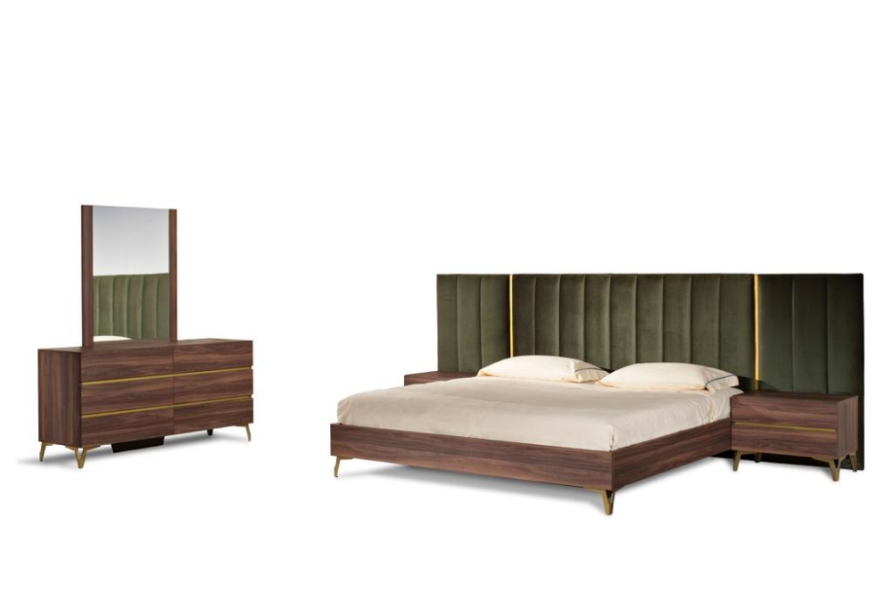 Picture of Nova Domus Calabria Modern Walnut & Green Velvet Bed & Nightstands