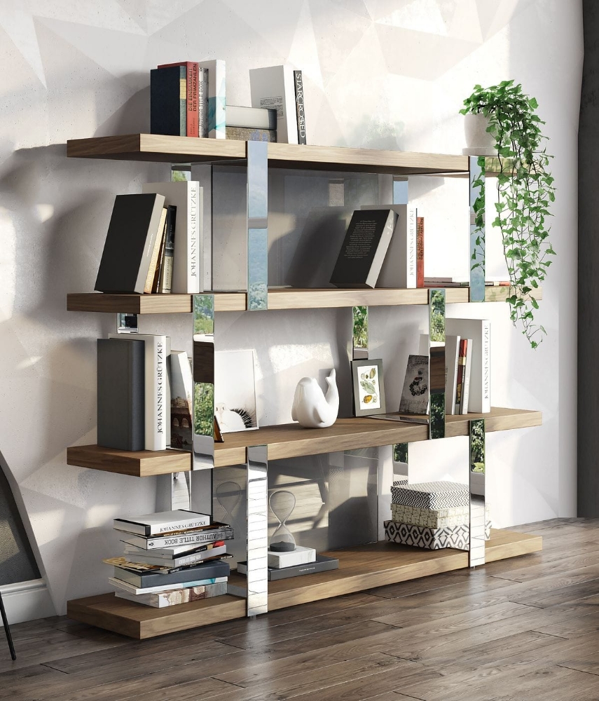 Picture of Modrest Brewer - Modern Walnut Glass & Stainless Steel Bookshelf