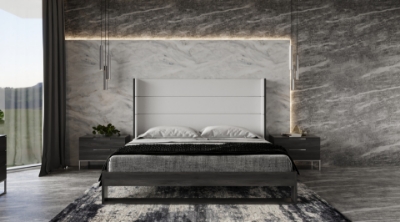 Picture of Modrest Heloise - Contemporary White Leather & Grey Elm Trim Bed