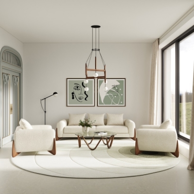 Picture of Modrest Fleury - Contemporary Cream Fabric and Walnut Sofa