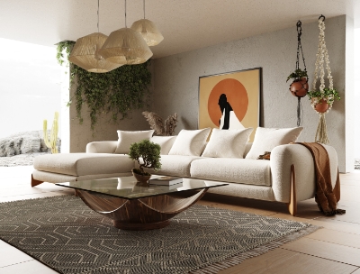 Picture of Modrest Fleury - Contemporary Cream Fabric and Walnut LAF Sectional Sofa