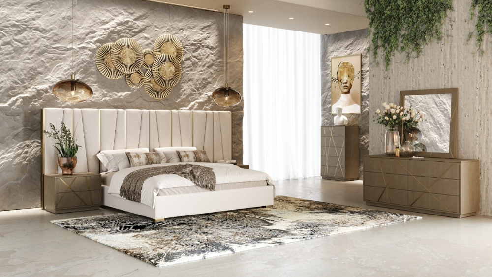 Picture of Modrest Nixa - Modern Beige Velvet + Brushed Bronze Bed