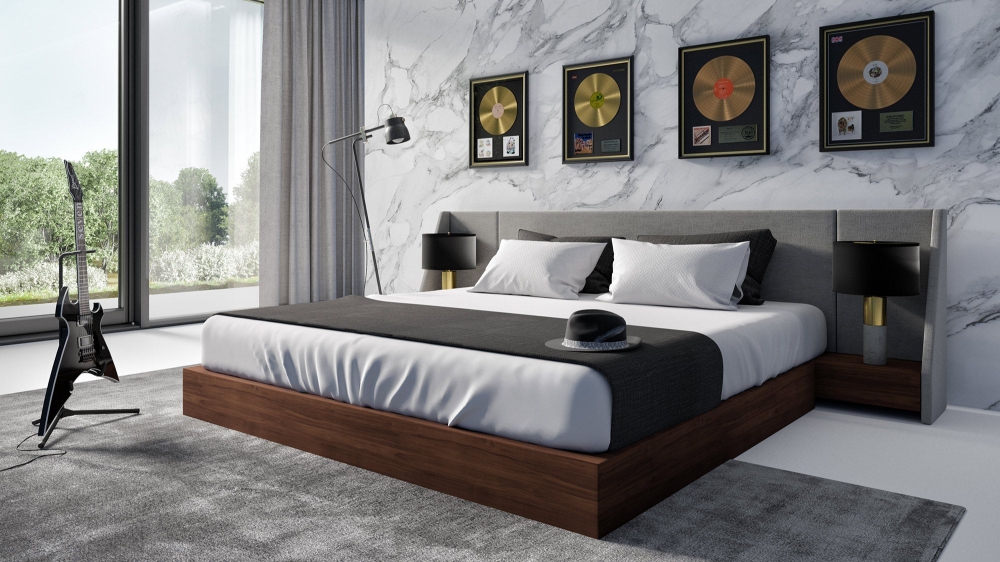 Picture of Eastern King Nova Domus Janice - Modern Grey Fabric and Walnut Bed and Nightstands