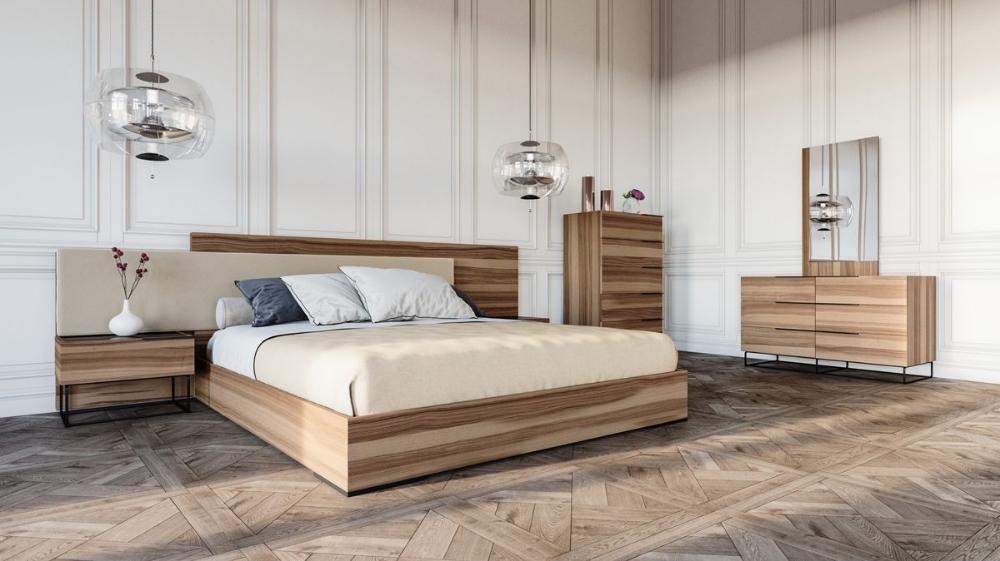 Picture of Queen Nova Domus Matteo Italian Modern Walnut & Fabric Bed + 2 Nightstands + Dresser Set